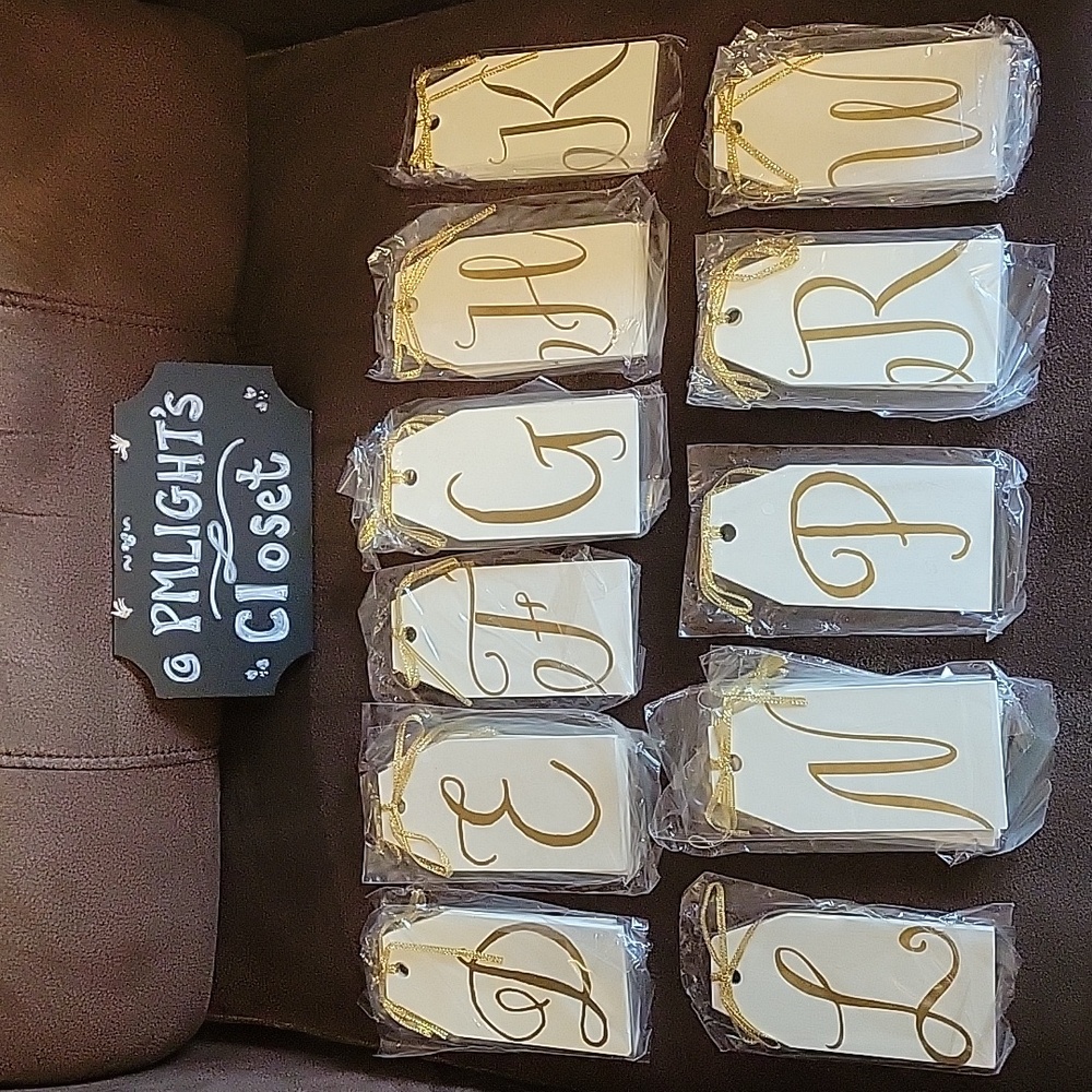Mud Pie Initial Wood Tag New White Gold Monogram with Gold Ribbon DEFGHKLNPRW